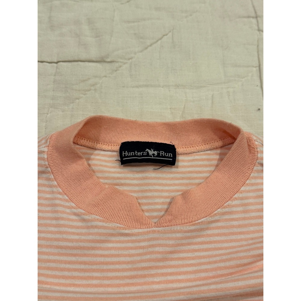 Hunters Run Vintage Peach White Striped Pocket T-Shirt Split Crew Neck Mens L - Picture 3 of 5